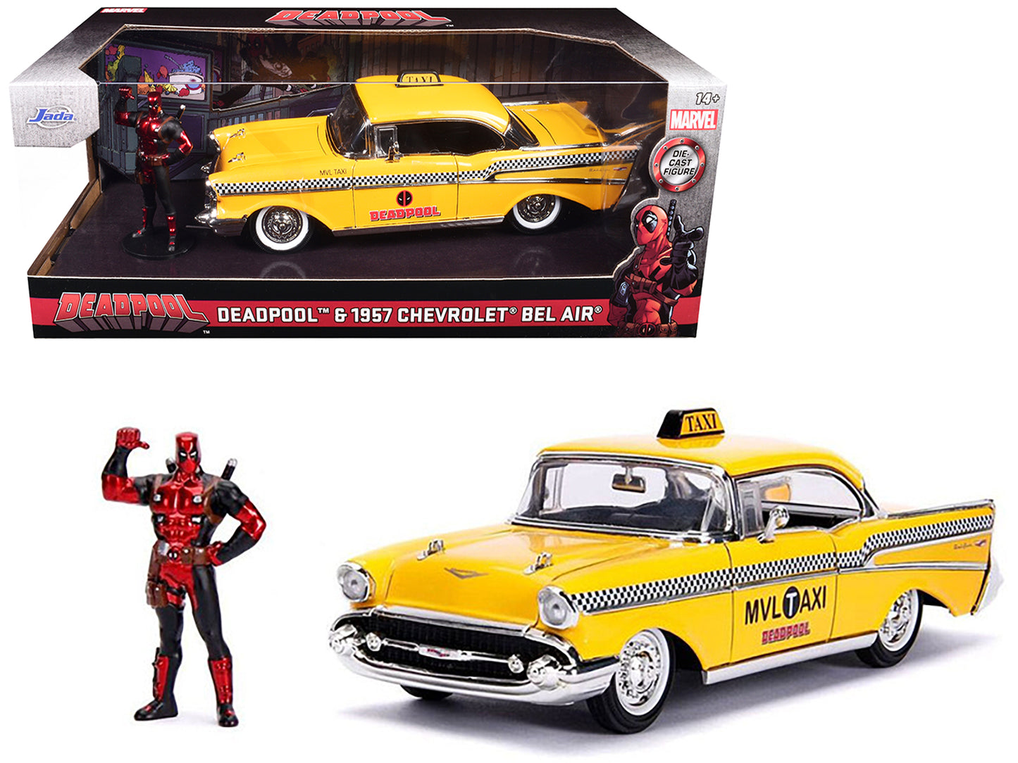 1957 Chevrolet Bel Air Taxi Yellow with Deadpool Diecast Figurine "Marvel" Series 1/24 Model Car by Jada <h2>1957 Jada</h2> <p>High-quality perfect for collectors and enthusiasts. Features detailed in