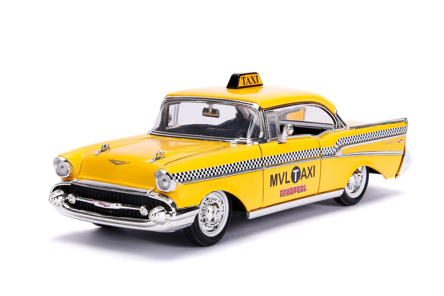 1957 Chevrolet Bel Air Taxi Yellow with Deadpool Diecast Figurine "Marvel" Series 1/24 Model Car by Jada <h2>1957 Jada</h2> <p>High-quality perfect for collectors and enthusiasts. Features detailed in