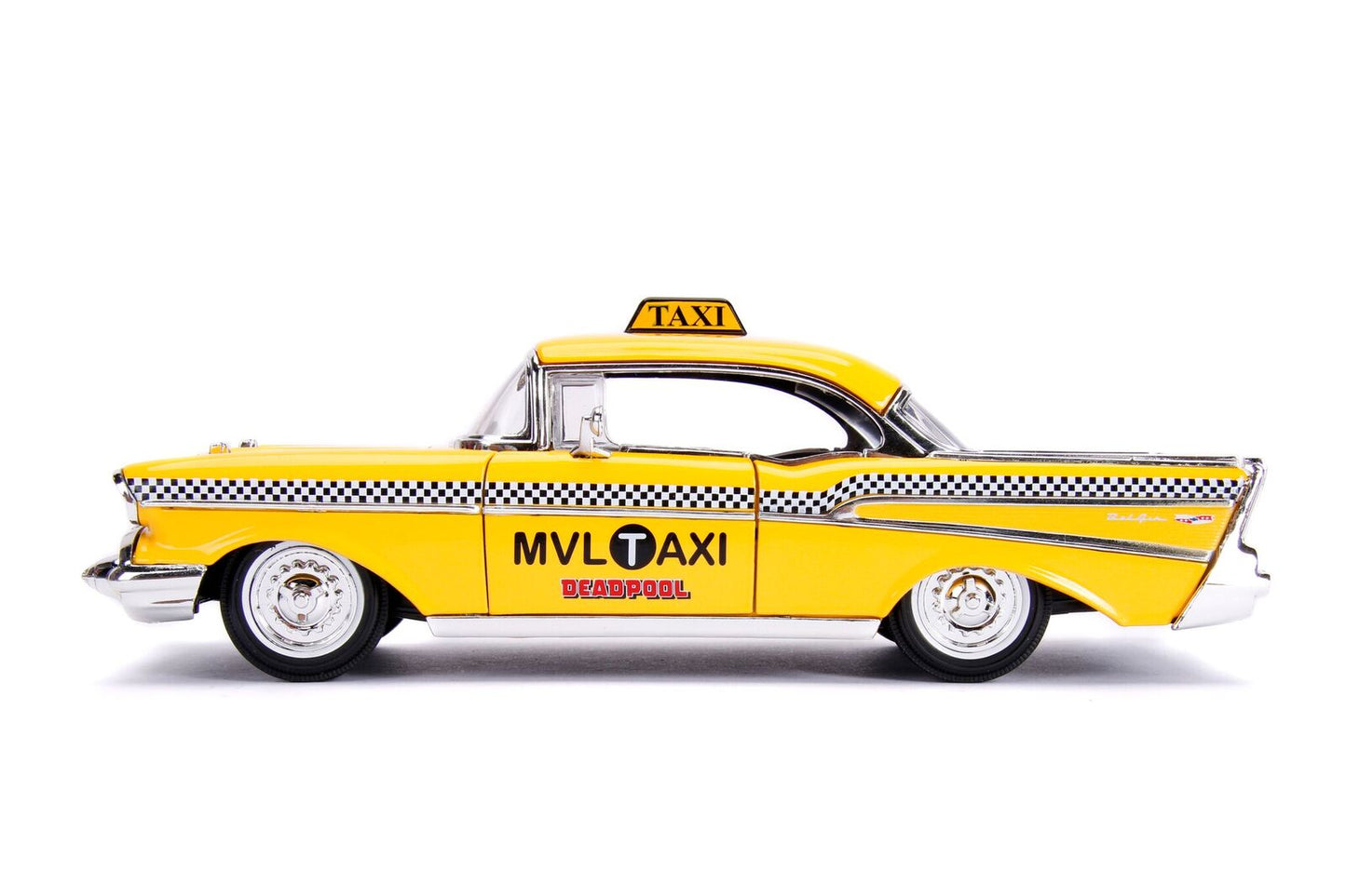 1957 Chevrolet Bel Air Taxi Yellow with Deadpool Diecast Figurine "Marvel" Series 1/24 Model Car by Jada <h2>1957 Jada</h2> <p>High-quality perfect for collectors and enthusiasts. Features detailed in