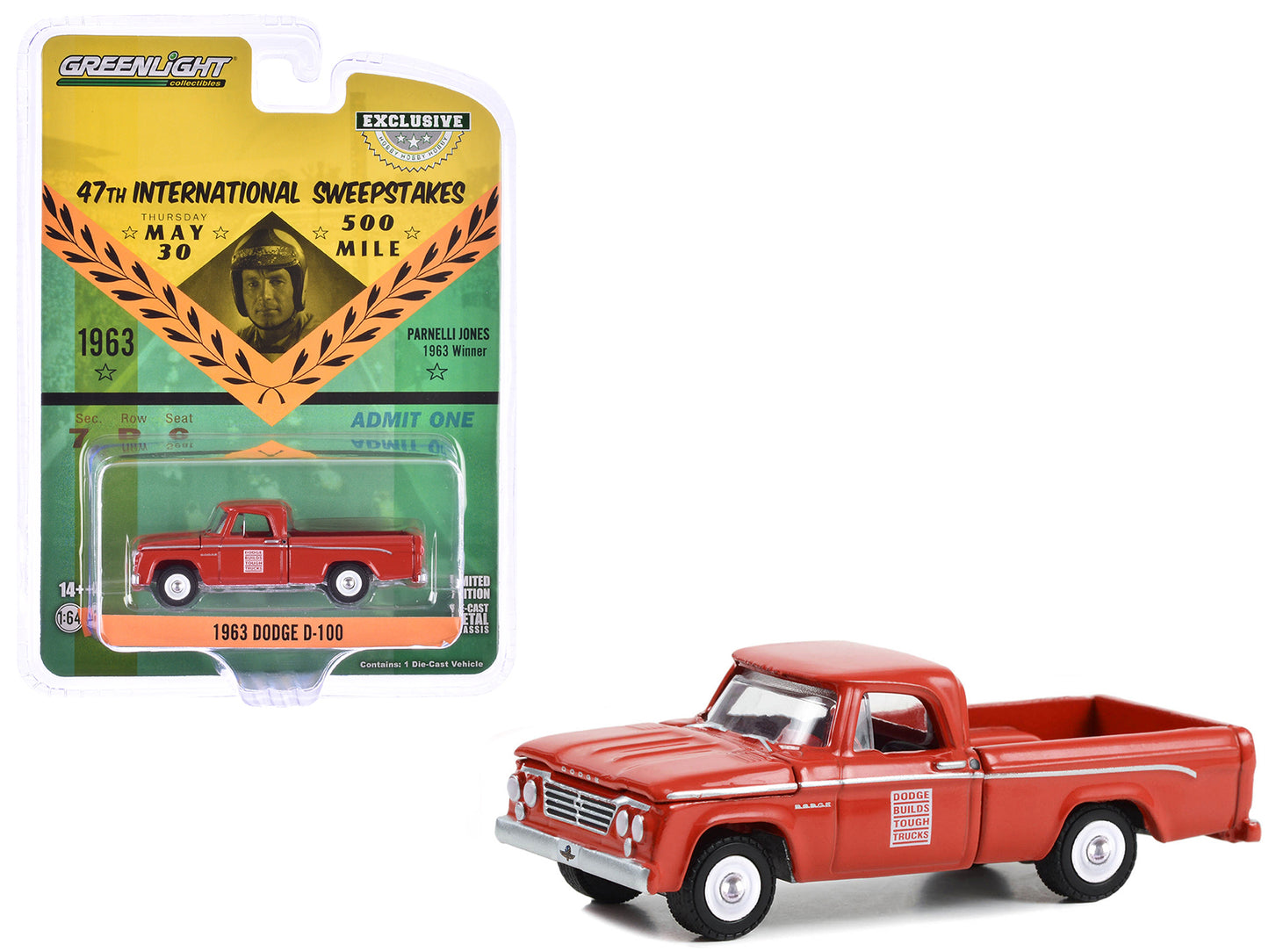 GreenLight 1963 Dodge D-100 Pickup Truck "47th International 500 Mile Sweepstakes - Indianapolis Official Truck" Red "Hobby Exclusive" Series 1/64 Diecast Model Car by <h2>1963 Greenlight</h2> <p>High