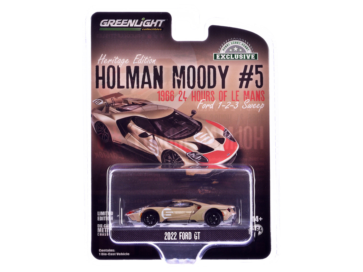 GreenLight 2022 Ford GT Heritage Edition #5 Holman-Moody "1966 24 Hours of Le Mans 1-2-3 Sweep Tribute" Gold Metallic with Red Accents "Hobby Exclusive" Series 1/64 Diecast Model Car by <h2>2022 Green
