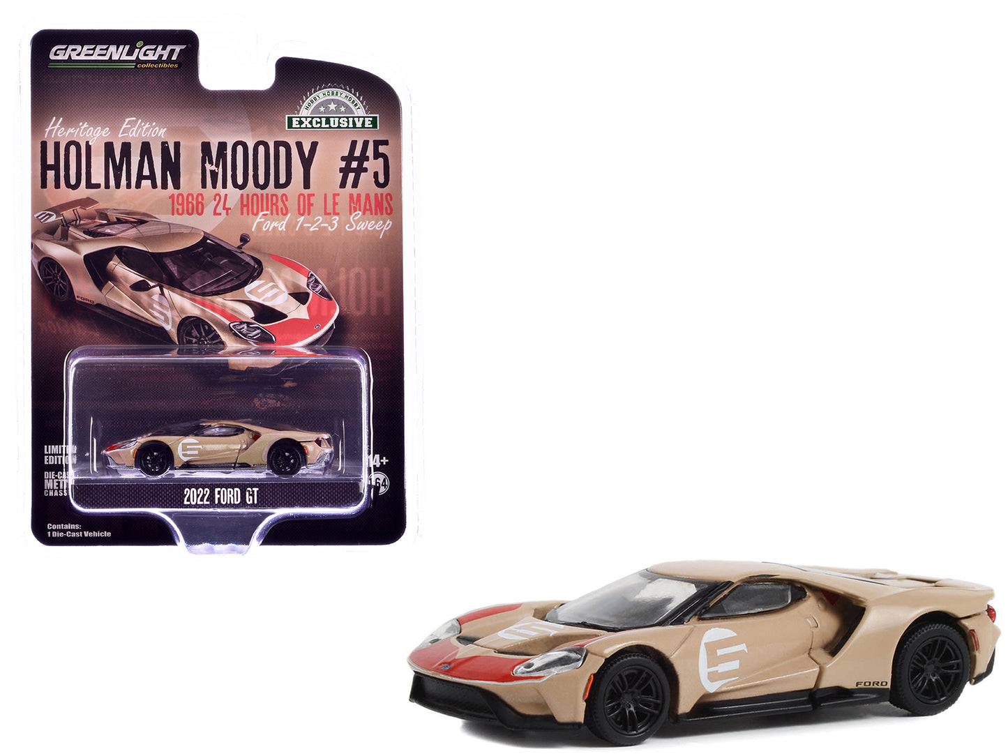 GreenLight 2022 Ford GT Heritage Edition #5 Holman-Moody "1966 24 Hours of Le Mans 1-2-3 Sweep Tribute" Gold Metallic with Red Accents "Hobby Exclusive" Series 1/64 Diecast Model Car by <h2>2022 Green