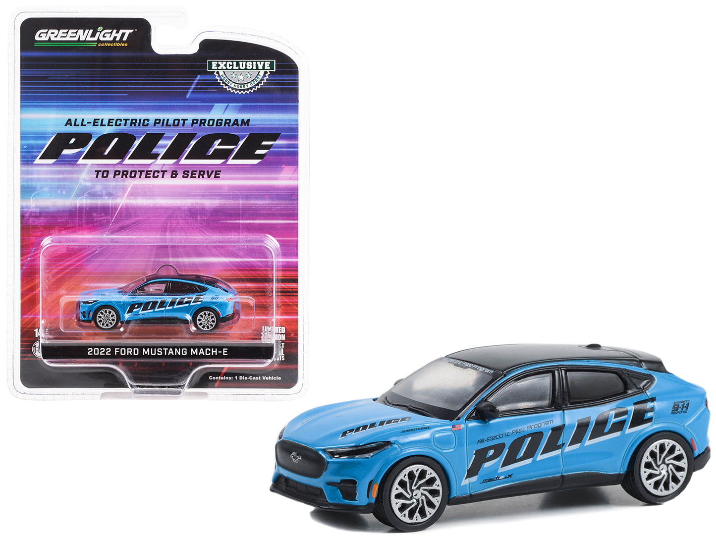 GreenLight 2022 Ford Mustang Mach-E Police Blue with Black Top "All-Electric Pilot Program Vehicle" "Hobby Exclusive" Series 1/64 Diecast Model Car by <h2>2022 Greenlight</h2> <p>High-quality perfect