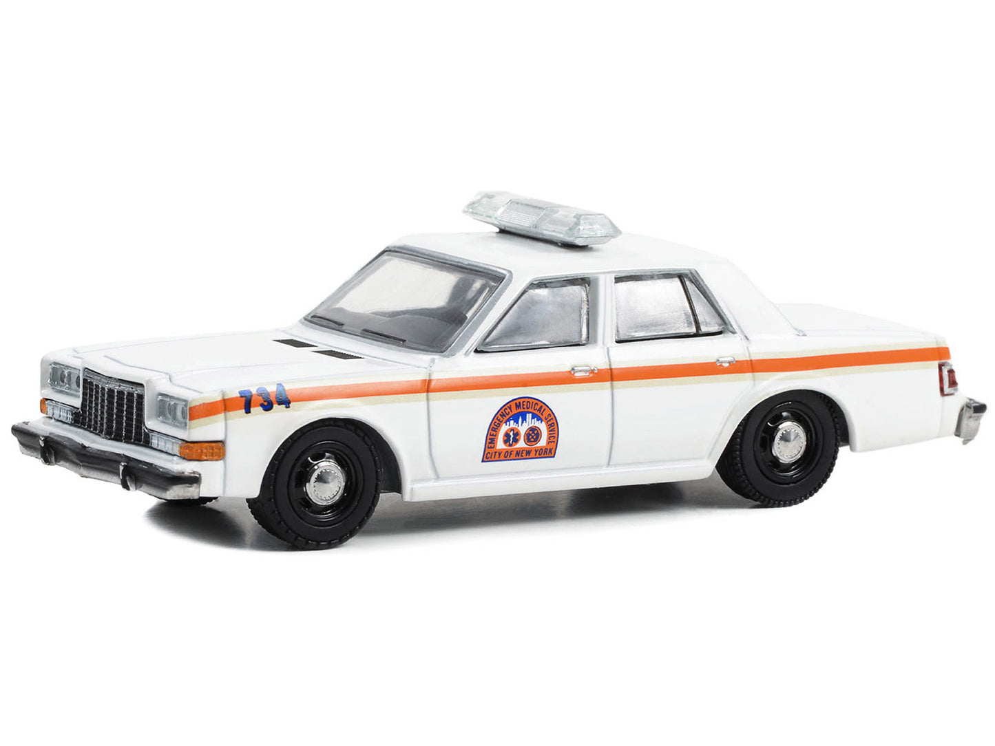 GreenLight 1983 Dodge Diplomat "NYC EMS (City of New York Emergency Medical Service)" White with Orange Stripes "First Responders - Hobby Exclusive" Series 1/64 Diecast Model Car by <h2>1983 Greenligh