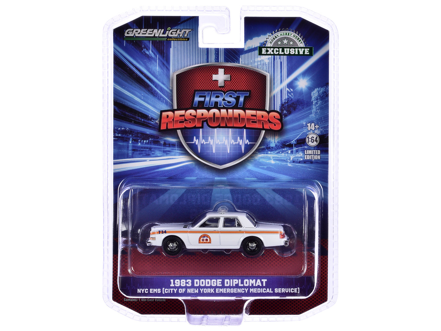 GreenLight 1983 Dodge Diplomat "NYC EMS (City of New York Emergency Medical Service)" White with Orange Stripes "First Responders - Hobby Exclusive" Series 1/64 Diecast Model Car by <h2>1983 Greenligh