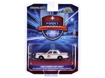 GreenLight 1983 Dodge Diplomat "NYC EMS (City of New York Emergency Medical Service)" White with Orange Stripes "First Responders - Hobby Exclusive" Series 1/64 Diecast Model Car by <h2>1983 Greenligh