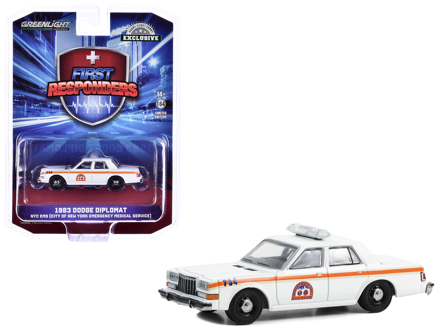 GreenLight 1983 Dodge Diplomat "NYC EMS (City of New York Emergency Medical Service)" White with Orange Stripes "First Responders - Hobby Exclusive" Series 1/64 Diecast Model Car by <h2>1983 Greenligh