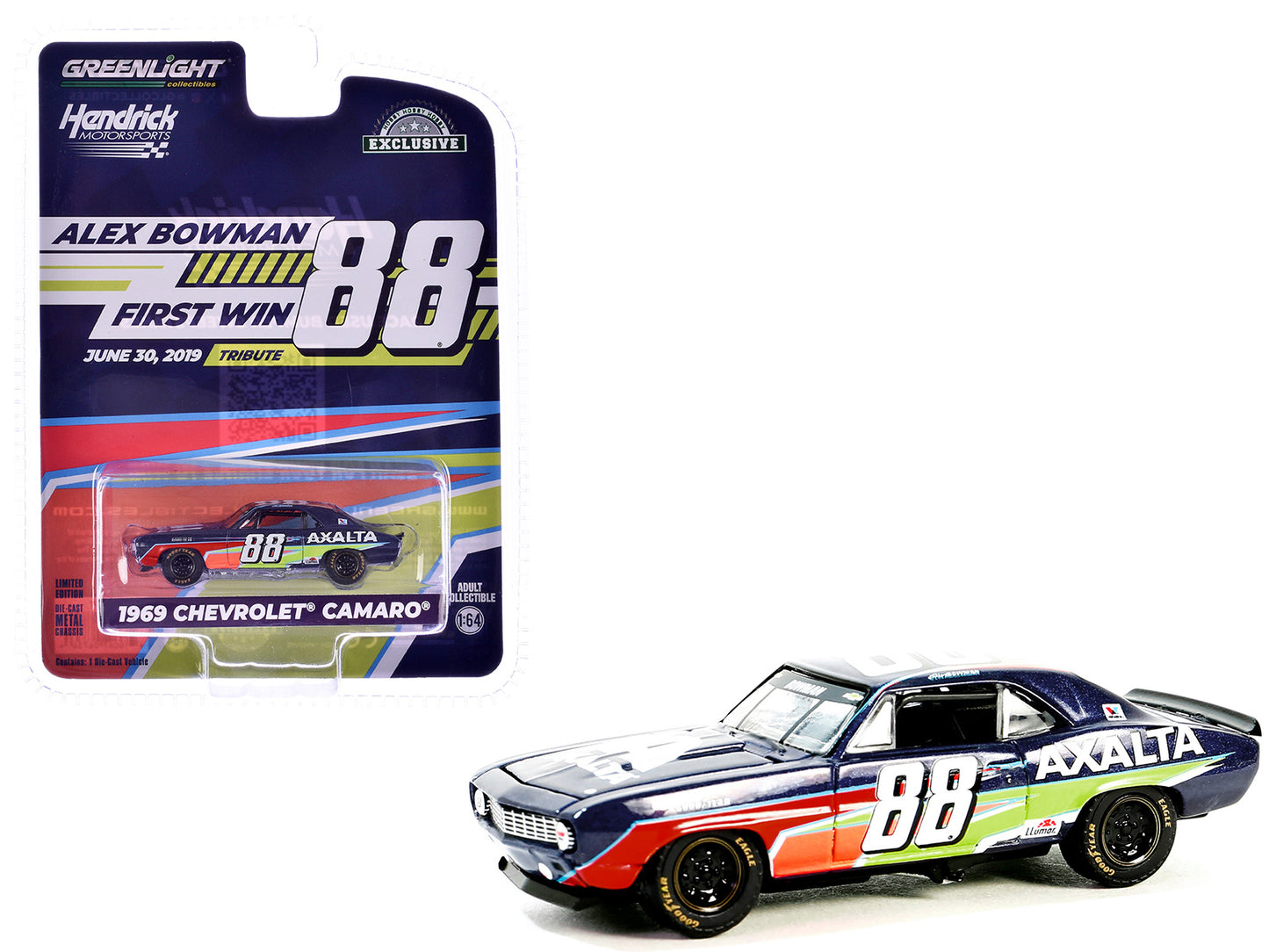 GreenLight 1969 Chevrolet Camaro #88 "Alex Bowman - Hendrick Motorsports First Win Tribute" Dark Blue with Graphics "Hobby Exclusive" Series 1/64 Diecast Model Car by <h2>1969 Greenlight</h2> <p>High-
