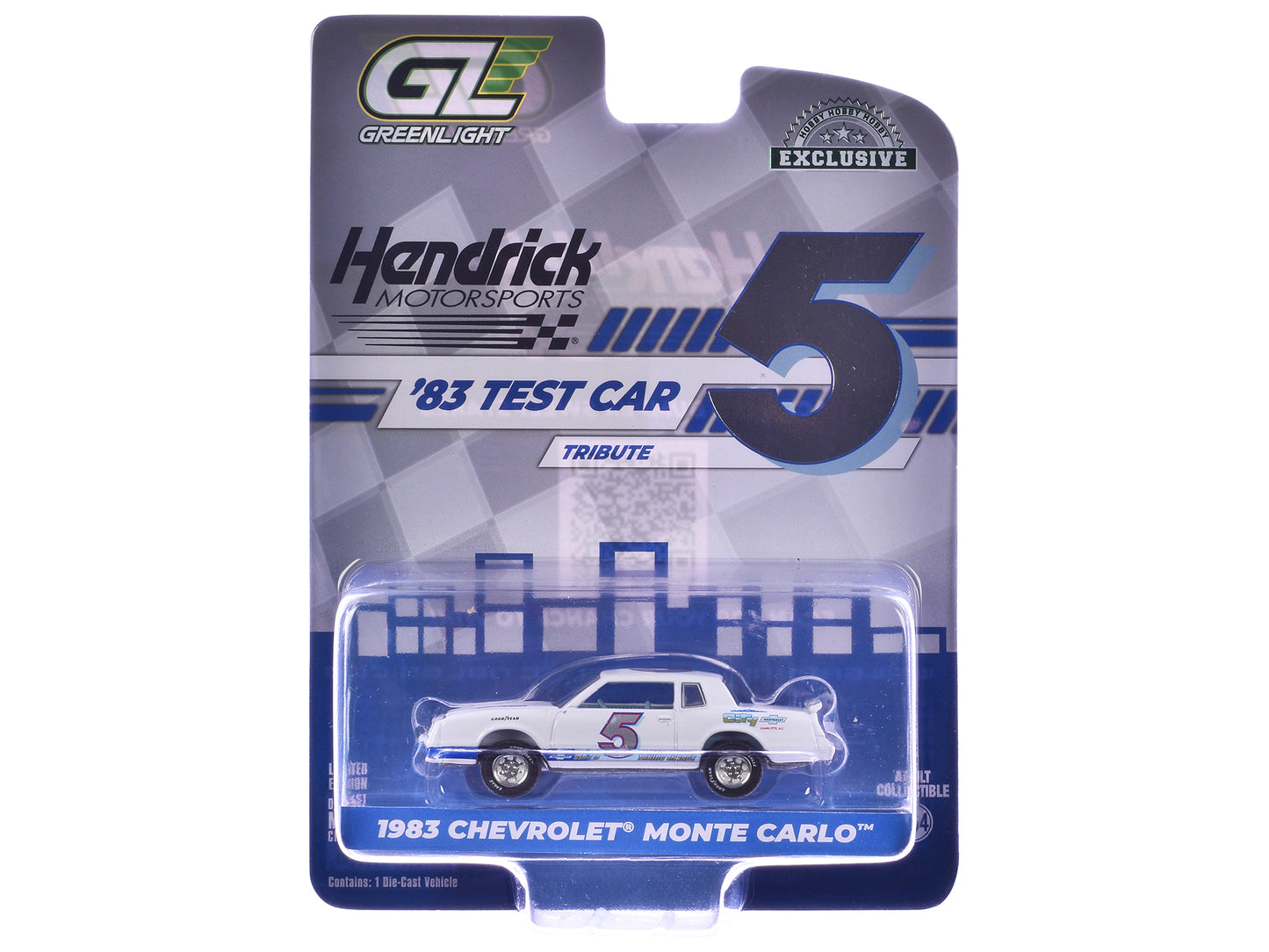 GreenLight 1983 Chevrolet Monte Carlo #5 "Hendrick Motorsports First Test Car Tribute" White with Blue Stripes and Interior "Hobby Exclusive" Series 1/64 Diecast Model by <h2>1983 Greenlight</h2> <p>H