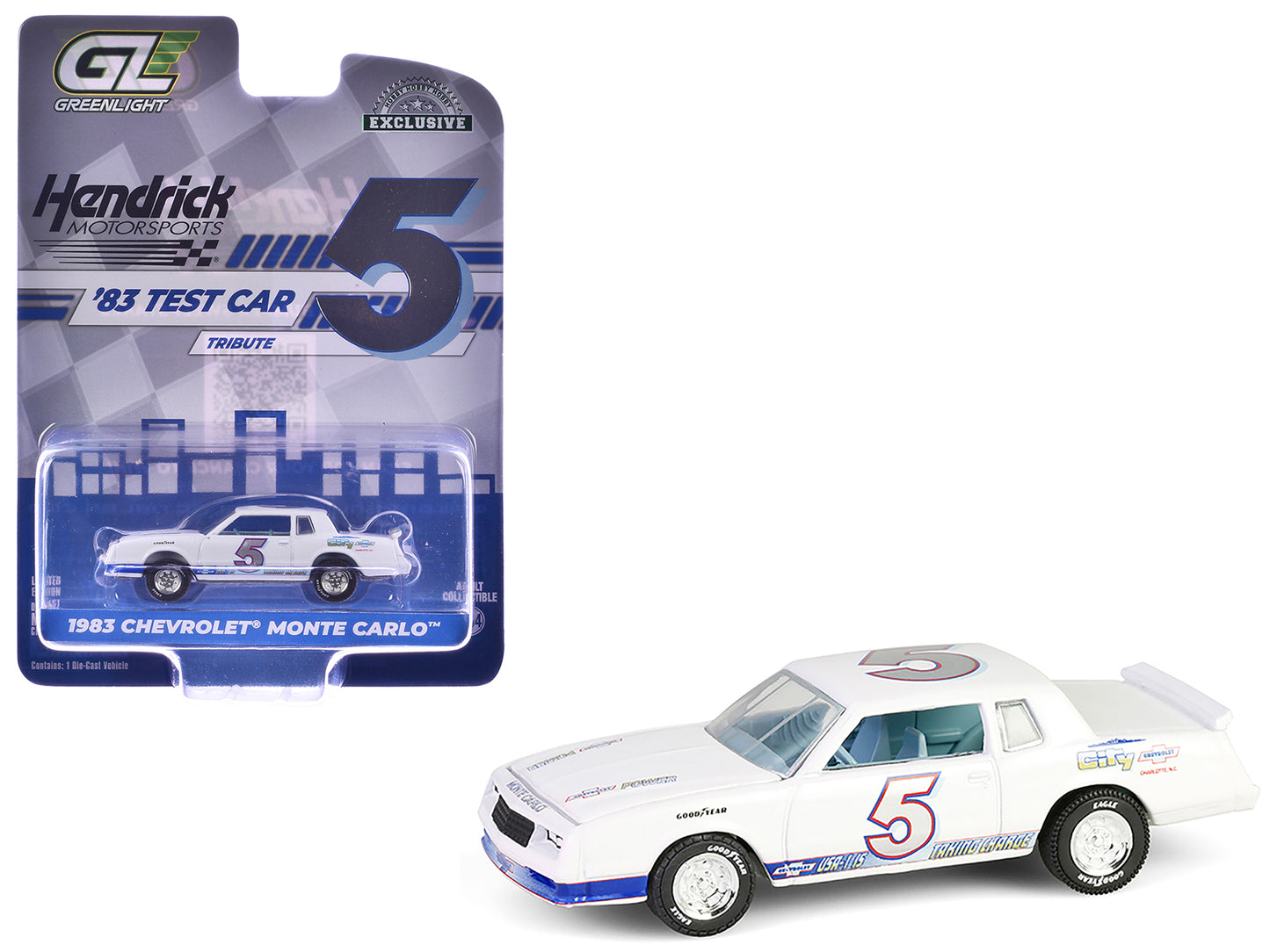 GreenLight 1983 Chevrolet Monte Carlo #5 "Hendrick Motorsports First Test Car Tribute" White with Blue Stripes and Interior "Hobby Exclusive" Series 1/64 Diecast Model by <h2>1983 Greenlight</h2> <p>H
