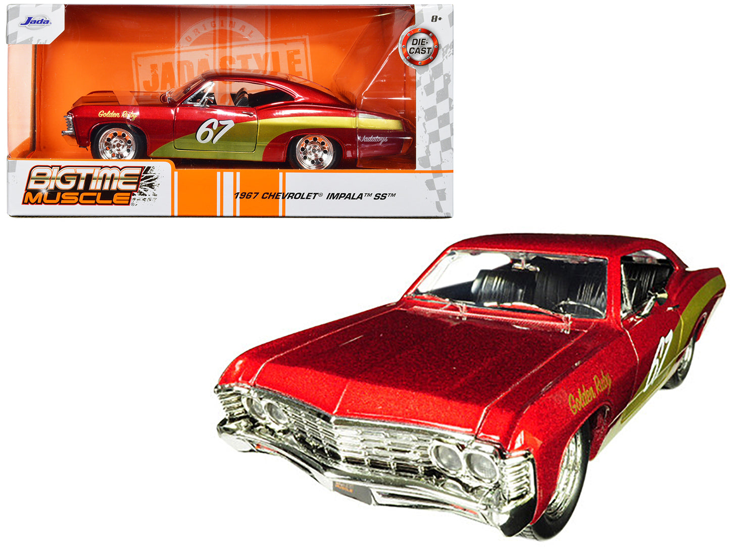 1967 Chevrolet Impala SS #67 "Golden Ruby" Red with Gold Stripes "Bigtime Muscle" 1/24 Diecast Model Car by Jada <h2>1967 Jada</h2> <p>High-quality perfect for collectors and enthusiasts. Features det