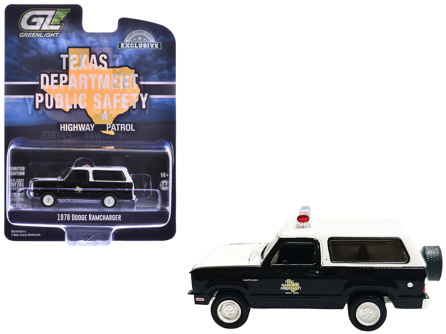 GreenLight 1978 Dodge Ramcharger Police Vehicle "Texas Department of Public Safety Highway Patrol" Black with White Hood and Top "Hobby Exclusive" Series 1/64 Diecast Model Car by <h2>1978 Greenlight<