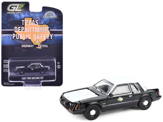 1982 Ford Mustang SSP "Texas Department of Public Safety Highway Patrol" Black with White Hood and Top "Hobby Exclusive" Series 1/64 T&y Diecast Model Car by Greenlight