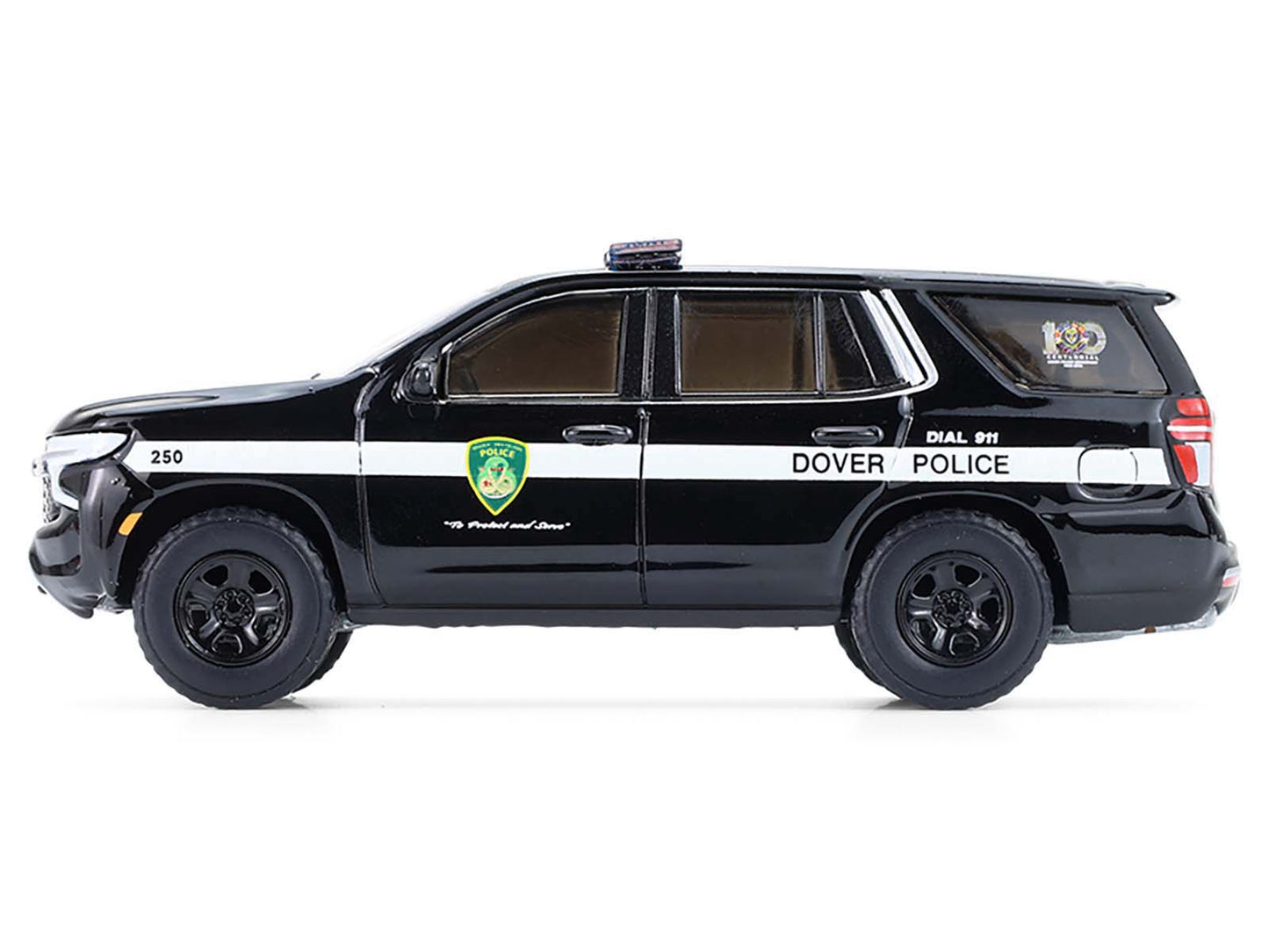 GreenLight 2024 Chevrolet Tahoe Police Pursuit Vehicle "Dover – 100th Anniversary Edition" Black with White Stripes "Hobby Exclusive" Series 1/64 Diecast Model Car by <h2>2024 Greenlight</h2> <p>High-