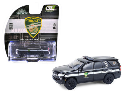 GreenLight 2024 Chevrolet Tahoe Police Pursuit Vehicle "Dover – 100th Anniversary Edition" Black with White Stripes "Hobby Exclusive" Series 1/64 Diecast Model Car by <h2>2024 Greenlight</h2> <p>High-