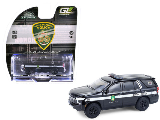 2024 Chevrolet Tahoe Police Pursuit Vehicle "Dover Police – 100th Anniversary Edition" Black with White Stripes "Hobby Exclusive" Series 1/64 T&y Diecast Model Car by Greenlight