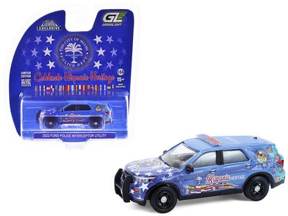 GreenLight 2022 Ford Police Interceptor Utility "Miami Department Hispanic Heritage Month" Blue with Graphics "Hobby Exclusive" Series 1/64 Diecast Model Car by <h2>2022 Greenlight</h2> <p>High-qualit