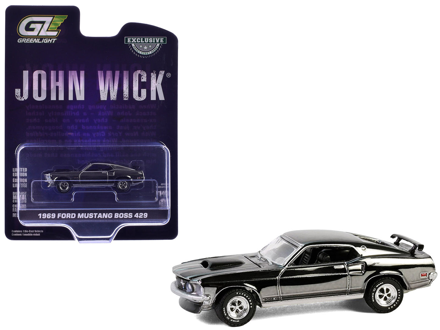 1969 Ford Mustang Boss 429 Silver Chrome Edition with Black Stripes "John Wick" (2014) Movie "Hobby Exclusive" Series 1/64 T&y Diecast Model Car by Greenlight