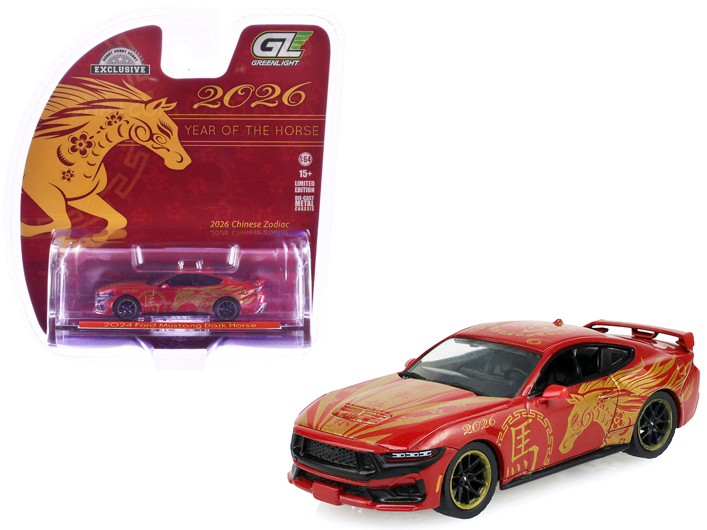 GreenLight 2024 Ford Mustang Dark Horse "Chinese Zodiac 2026 Year of the Horse" Red with Gold Graphics "Hobby Exclusive" Series 1/64 Diecast Model Car by <h2>2024 Greenlight</h2> <p>High-quality perfe