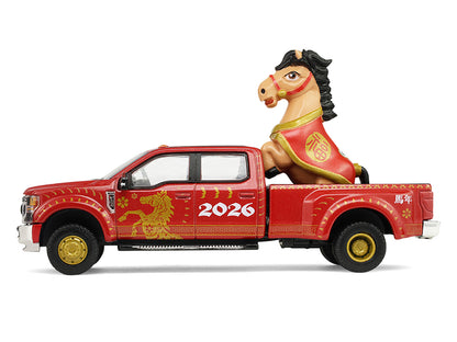 GreenLight 2022 Ford F-450 Dually Pickup Truck "Chinese Zodiac 2026 Year of the Horse" Red with Gold Graphics and Horse Figure "Hobby Exclusive" Series 1/64 Diecast Model Car by <h2>2022 Greenlight</h