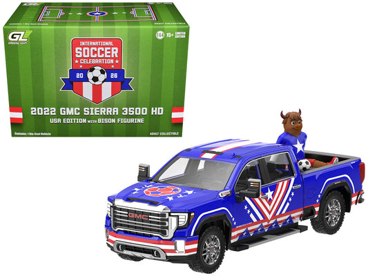 2022 GMC Sierra 3500 HD Pickup Truck Blue with American Soccer Graphics with Bison Figure "International Soccer Celebration '26" Series 1/64 T&y Diecast Model Car by Greenlight