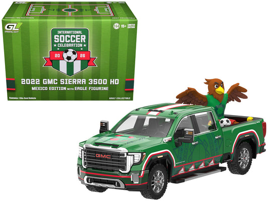 2022 GMC Sierra 3500 HD Pickup Truck Green with Mexican Soccer Graphics with Eagle Figure "International Soccer Celebration '26" Series 1/64 T&y Diecast Model Car by Greenlight
