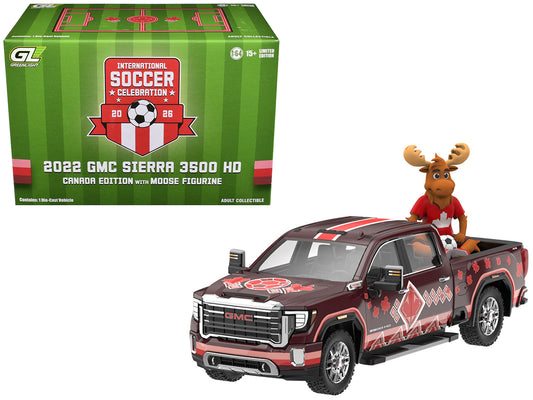 2022 GMC Sierra 3500 HD Pickup Truck Dark Red with Canadian Soccer Graphics with Moose Figure "International Soccer Celebration '26" Series 1/64 T&y Diecast Model Car by Greenlight