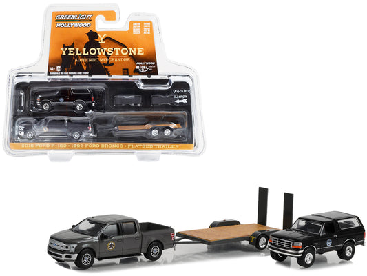 2018 Ford F-150 Pickup Truck Gray with 1992 Ford Bronco "Montana Livestock Association" Black and Flatbed Car Trailer "Yellowstone" (2018-Current) TV Series "Hollywood Hitch & Tow" Series 11 1/64 T&y Diecast Model Cars by Greenlight