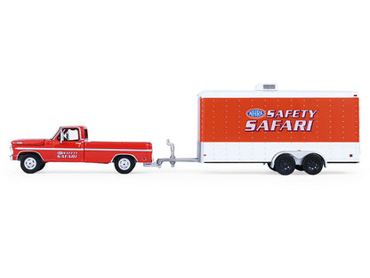 GreenLight 1969 Ford F-250 Pickup Truck Red and Chevrolet Camaro Z28 "Dan Fletcher" Orange with White Hood "NHRA Safety Team" Enclosed Car Trailer "Racing Hitch & Tow" Series 6 1/64 Diecast Model Cars