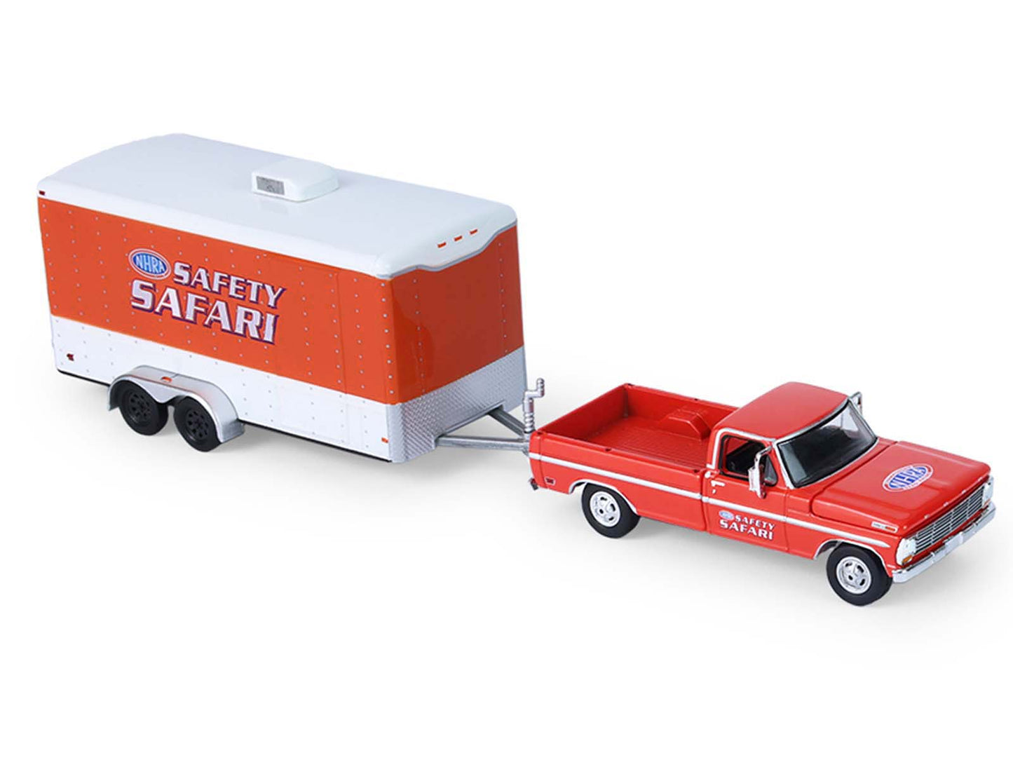 GreenLight 1969 Ford F-250 Pickup Truck Red and Chevrolet Camaro Z28 "Dan Fletcher" Orange with White Hood "NHRA Safety Team" Enclosed Car Trailer "Racing Hitch & Tow" Series 6 1/64 Diecast Model Cars