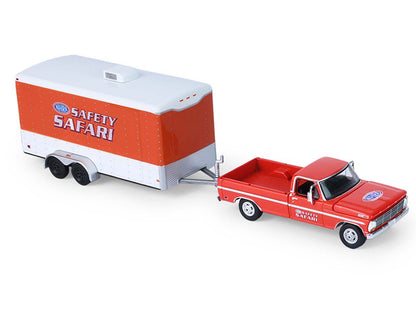 GreenLight 1969 Ford F-250 Pickup Truck Red and Chevrolet Camaro Z28 "Dan Fletcher" Orange with White Hood "NHRA Safety Team" Enclosed Car Trailer "Racing Hitch & Tow" Series 6 1/64 Diecast Model Cars