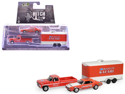 GreenLight 1969 Ford F-250 Pickup Truck Red and Chevrolet Camaro Z28 "Dan Fletcher" Orange with White Hood "NHRA Safety Team" Enclosed Car Trailer "Racing Hitch & Tow" Series 6 1/64 Diecast Model Cars