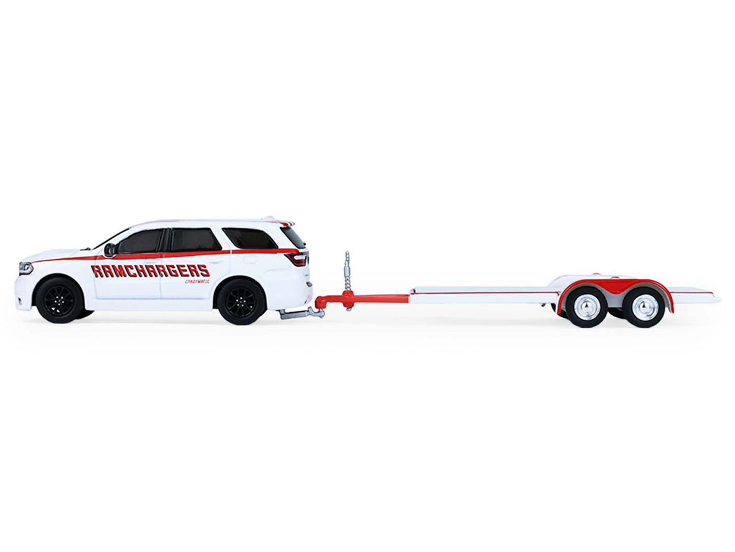 GreenLight 2018 Dodge Durango White with Red Stripes and 2021 Challenger SRT "Ramchargers" Flatbed Trailer "Racing Hitch & Tow" Series 6 1/64 Diecast Model Cars by <h2>2018 Greenlight</h2> <p>High-qua
