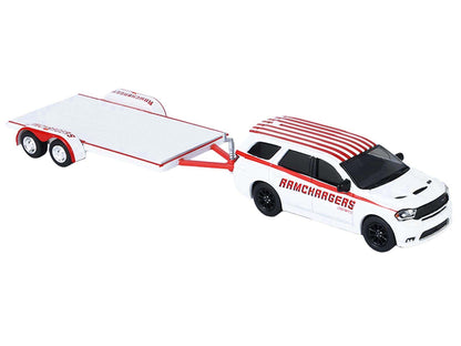 GreenLight 2018 Dodge Durango White with Red Stripes and 2021 Challenger SRT "Ramchargers" Flatbed Trailer "Racing Hitch & Tow" Series 6 1/64 Diecast Model Cars by <h2>2018 Greenlight</h2> <p>High-qua