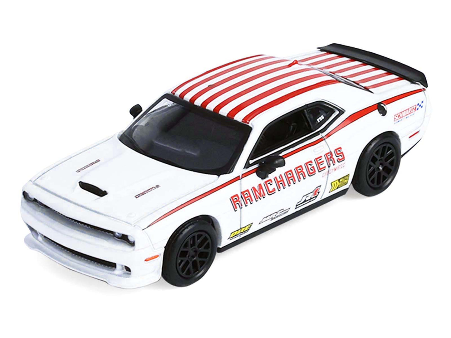 GreenLight 2018 Dodge Durango White with Red Stripes and 2021 Challenger SRT "Ramchargers" Flatbed Trailer "Racing Hitch & Tow" Series 6 1/64 Diecast Model Cars by <h2>2018 Greenlight</h2> <p>High-qua