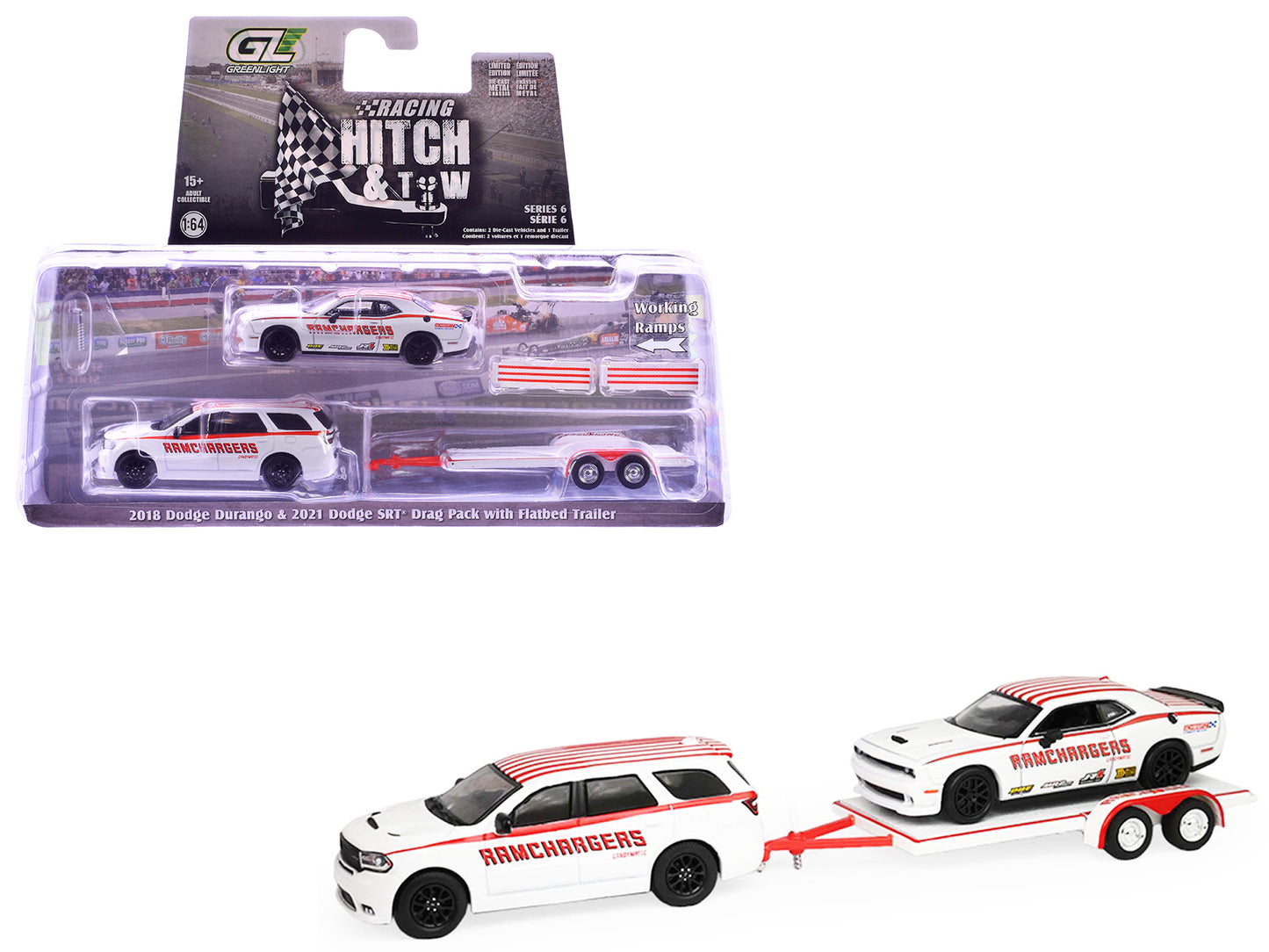 GreenLight 2018 Dodge Durango White with Red Stripes and 2021 Challenger SRT "Ramchargers" Flatbed Trailer "Racing Hitch & Tow" Series 6 1/64 Diecast Model Cars by <h2>2018 Greenlight</h2> <p>High-qua