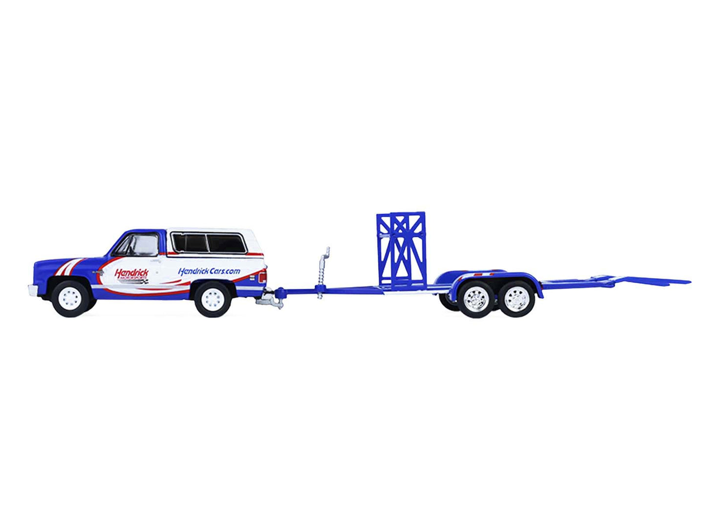 GreenLight 1986 Chevrolet K5 Blazer Blue and White 1969 Camaro #5 "Kyle Larson - Hendrick Motorsports" with Tandem Car Trailer "Racing Hitch & Tow" Series 6 1/64 Diecast Model Cars by Collectible Limi