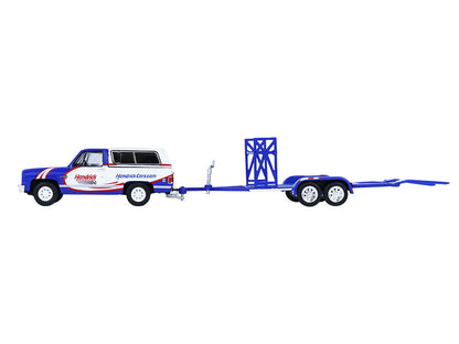 GreenLight 1986 Chevrolet K5 Blazer Blue and White 1969 Camaro #5 "Kyle Larson - Hendrick Motorsports" with Tandem Car Trailer "Racing Hitch & Tow" Series 6 1/64 Diecast Model Cars by Collectible Limi