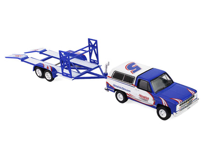 GreenLight 1986 Chevrolet K5 Blazer Blue and White 1969 Camaro #5 "Kyle Larson - Hendrick Motorsports" with Tandem Car Trailer "Racing Hitch & Tow" Series 6 1/64 Diecast Model Cars by Collectible Limi
