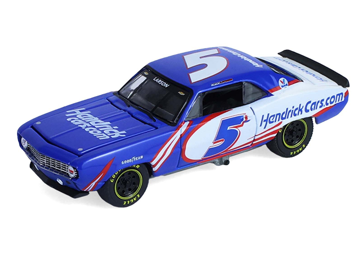 GreenLight 1986 Chevrolet K5 Blazer Blue and White 1969 Camaro #5 "Kyle Larson - Hendrick Motorsports" with Tandem Car Trailer "Racing Hitch & Tow" Series 6 1/64 Diecast Model Cars by Collectible Limi