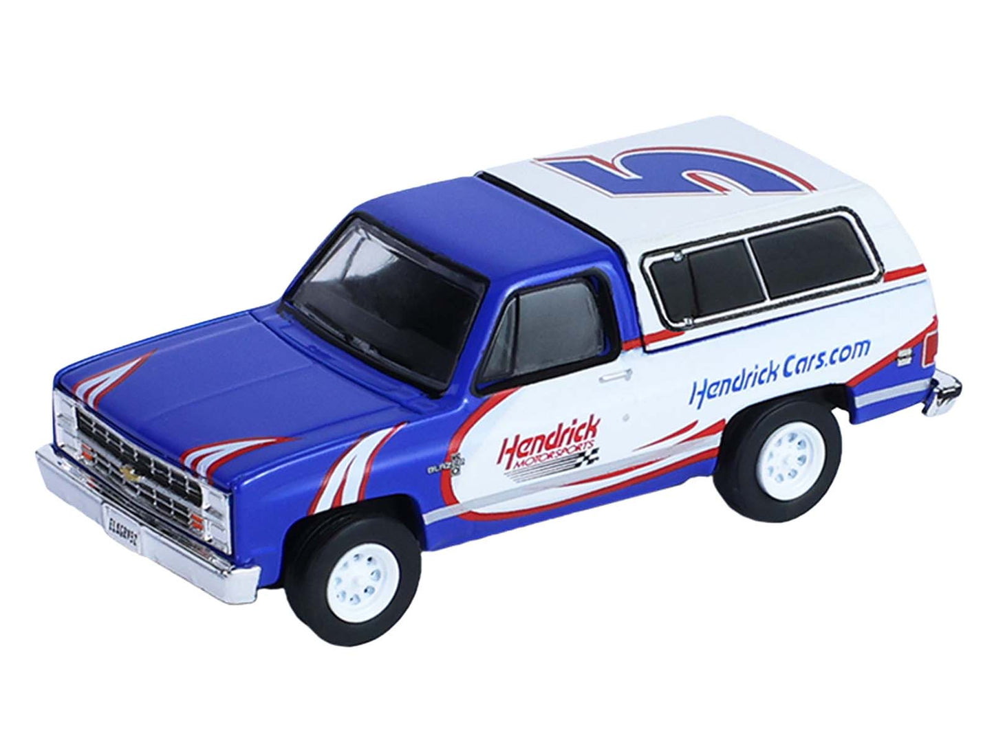 GreenLight 1986 Chevrolet K5 Blazer Blue and White 1969 Camaro #5 "Kyle Larson - Hendrick Motorsports" with Tandem Car Trailer "Racing Hitch & Tow" Series 6 1/64 Diecast Model Cars by Collectible Limi