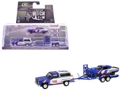 GreenLight 1986 Chevrolet K5 Blazer Blue and White 1969 Camaro #5 "Kyle Larson - Hendrick Motorsports" with Tandem Car Trailer "Racing Hitch & Tow" Series 6 1/64 Diecast Model Cars by Collectible Limi