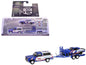 GreenLight 1986 Chevrolet K5 Blazer Blue and White 1969 Camaro #5 "Kyle Larson - Hendrick Motorsports" with Tandem Car Trailer "Racing Hitch & Tow" Series 6 1/64 Diecast Model Cars by Collectible Limi