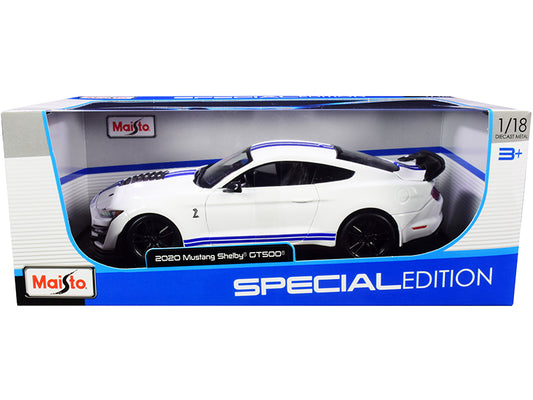 2020 Ford Mustang Shelby GT500 White with Blue Stripes 1/18 Diecast Model Car
