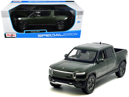 Rivian R1T Pickup Truck Dark Green Metallic with Sunroof 1/18 Diecast Model Car