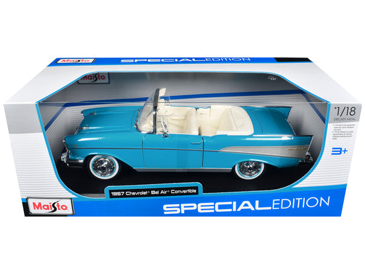 1957 Chevrolet Bel Air Convertible Blue with White Interior "Special Edition" Series 1/18 T&y Diecast Model Car by Maisto