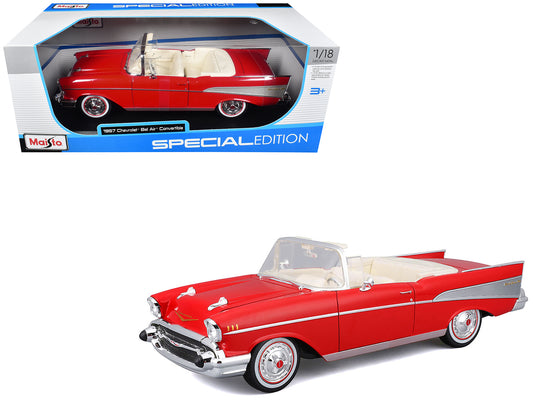 1957 Chevrolet Bel Air Convertible Red with White Interior "Special Edition" Series 1/18 T&y Diecast Model Car by Maisto