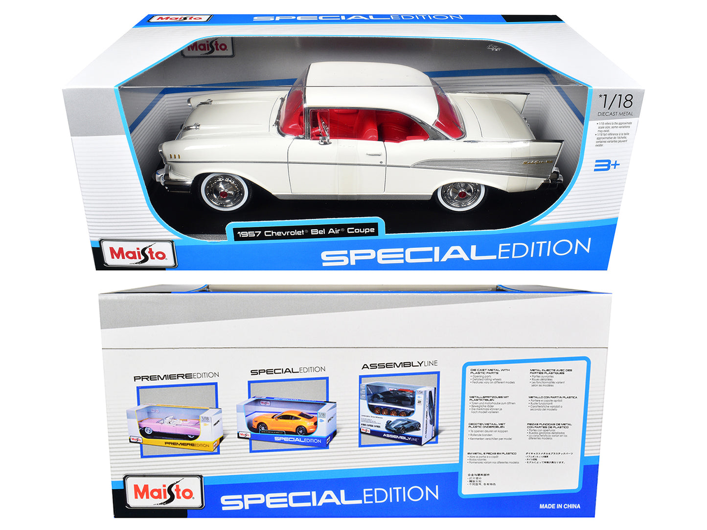 1957 Chevrolet Bel Air Coupe White with Red Interior "Special Edition" Series 1/18 Diecast Model Car by Maisto
