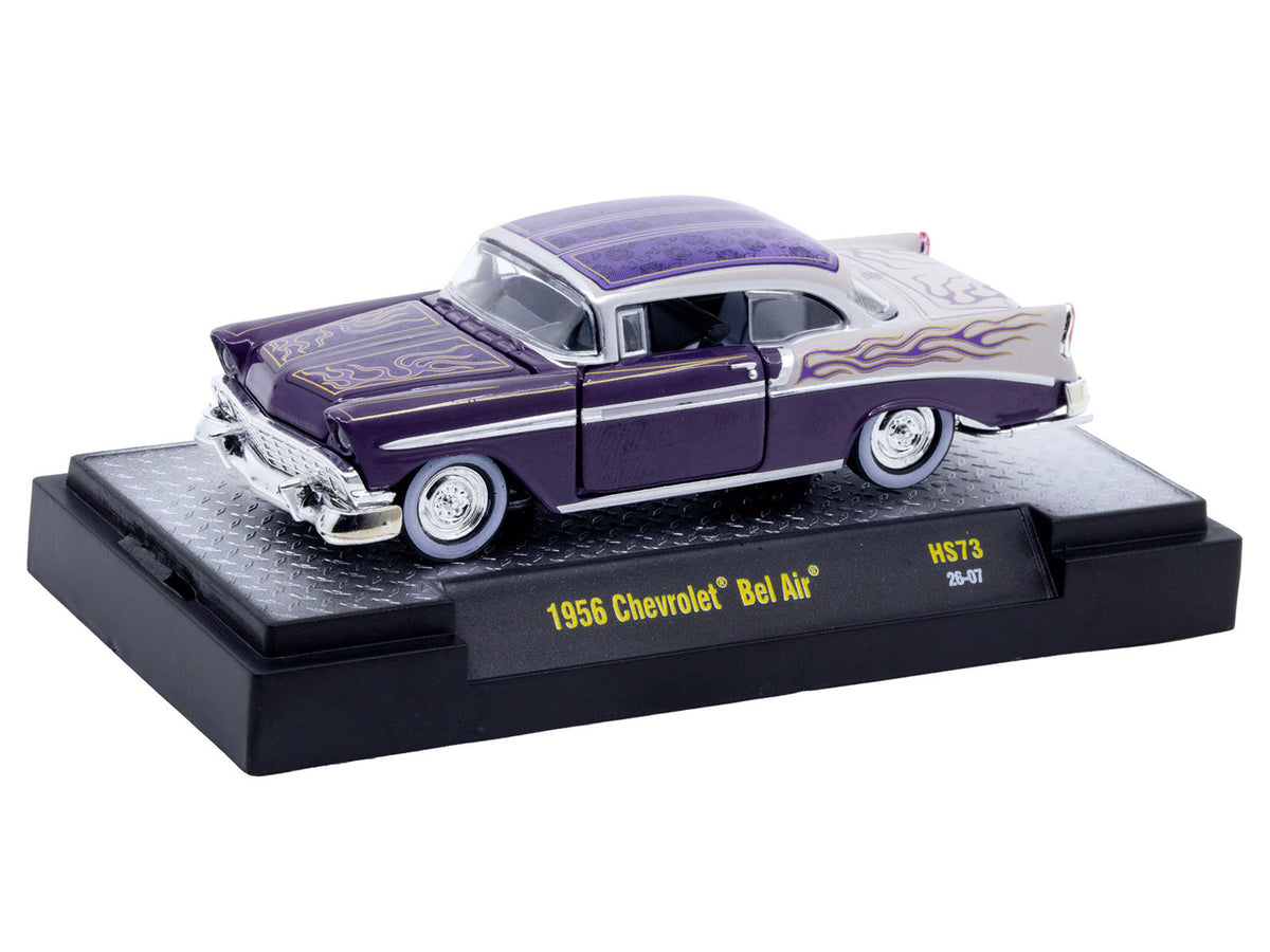 1956 Chevrolet Bel Air Purple Two-Tone Graphics 1/64 Diecast Model Car - M2