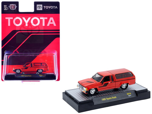 1985 T&yota SR5 Pickup Truck with Camper Shell Red with Black Stripes Limited Edition to 19844 pieces Worldwide 1/64 T&y Diecast Model Car by M2 Machines